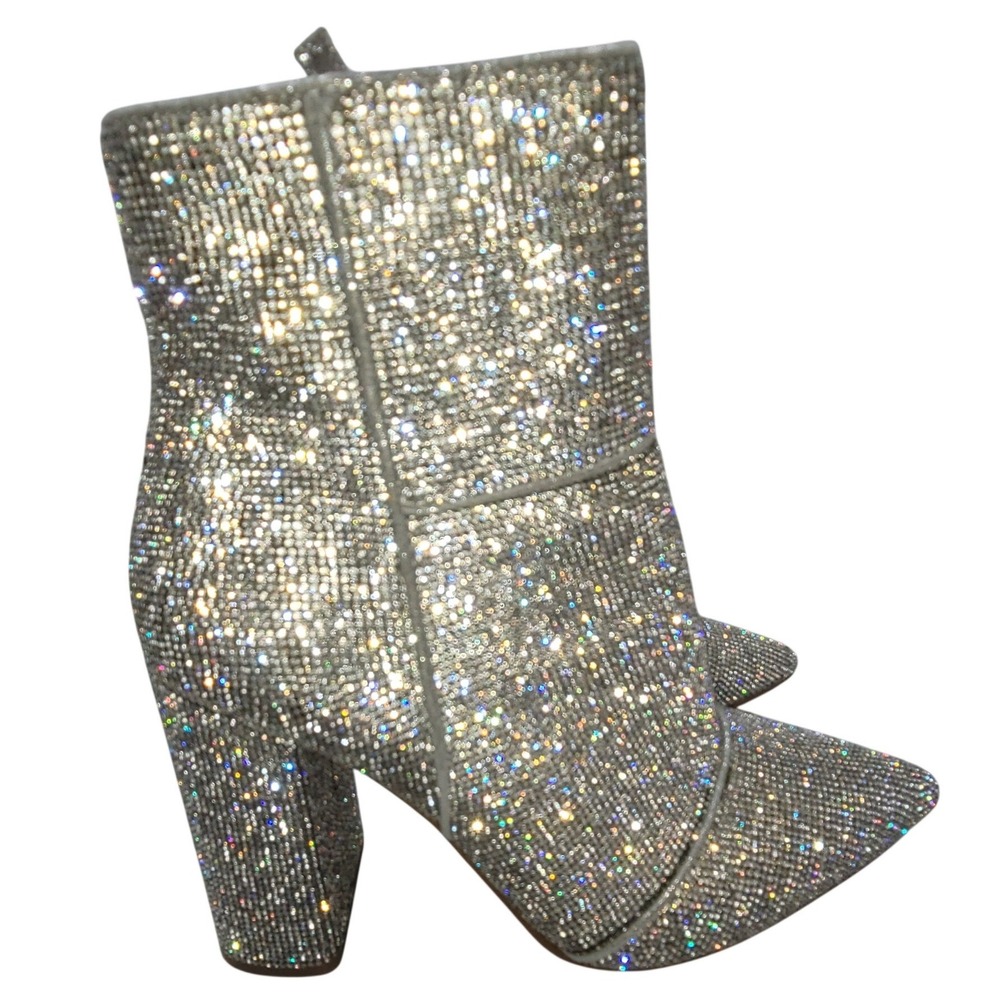Steve Madden Noticed-R Rhinestone Silver Ankle Boots Pointed Toe Block Heel 8 - Picture 2 of 8